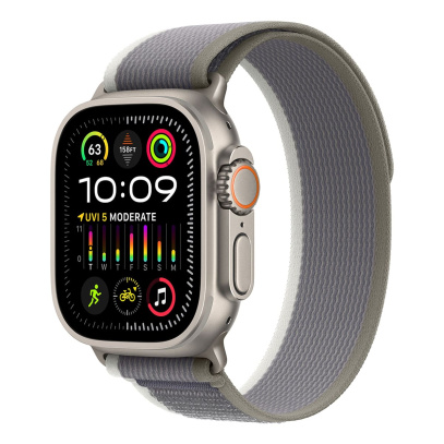 Apple Watch Ultra 2 (2023), 49 мм корпус из титана цвета «Natural», ремешок Trail Loop размера S/M цвета «Green/Gray»