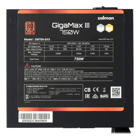 Блок питания Zalman GigaMax ZM750-GVIII (ZM750-GV3) Bronze, 750 Вт Чёрный