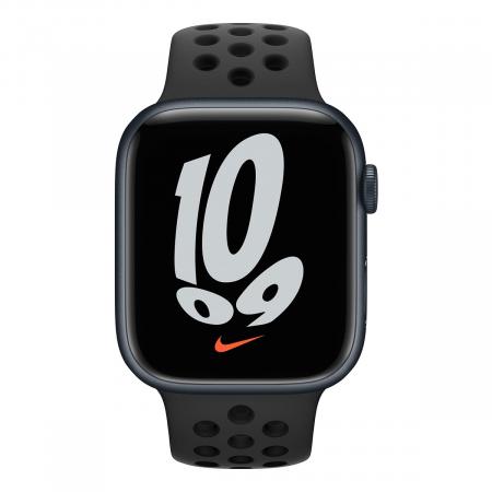 Apple Watch Nike Series 7, 45 мм корпус из алюминия цвета «тёмная ночь», спортивный ремешок Nike цвета «антрацитовый/чёрный»