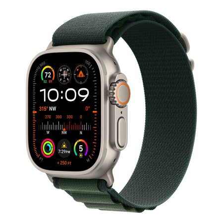 Apple Watch Ultra 2 (2024), 49 мм корпус из титана цвета «Natural», ремешок Alpine Loop размера L цвета «Dark Green»