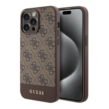 Чехол Guess для iPhone 15 Pro Max PU 4G Bottom stripe Metal logo Hard (GUHCP15XG4GLBR) Коричневый