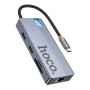 Хаб hoco. 8в1 (HDTV+RJ45+SD/TF+PD+Type-C3.0+USB3.0*2) (HB52) Темно-серый